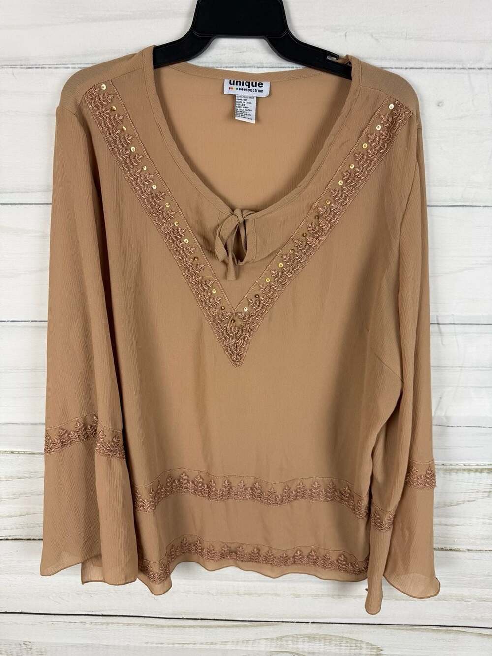 Unique Spectrum Tan Embroidered Sequin V-Neck Blouse Size 2X